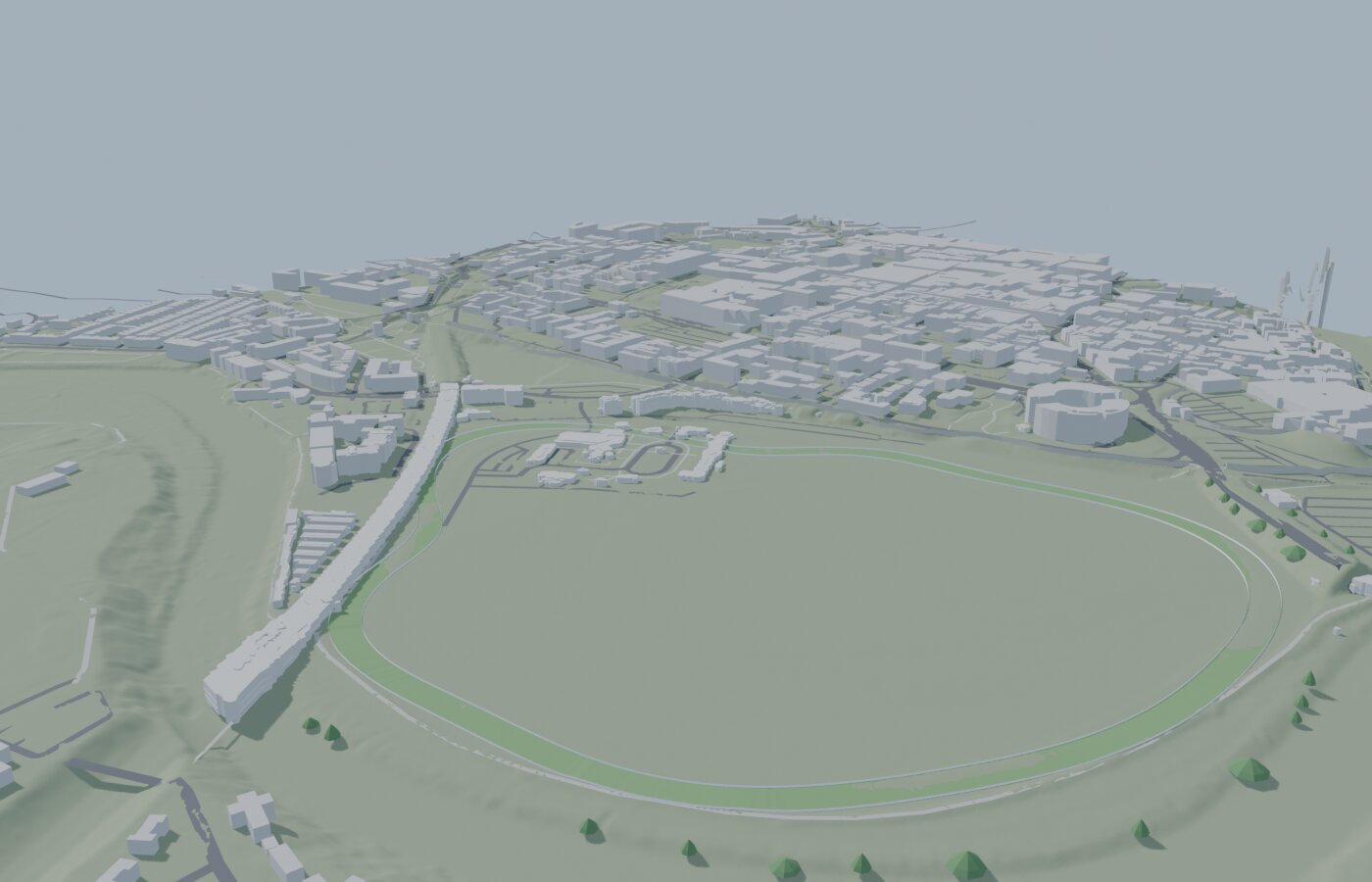 An untextured grey-green 3D massing model of the racecourse and the surrounding city blocks, with the course outline visible