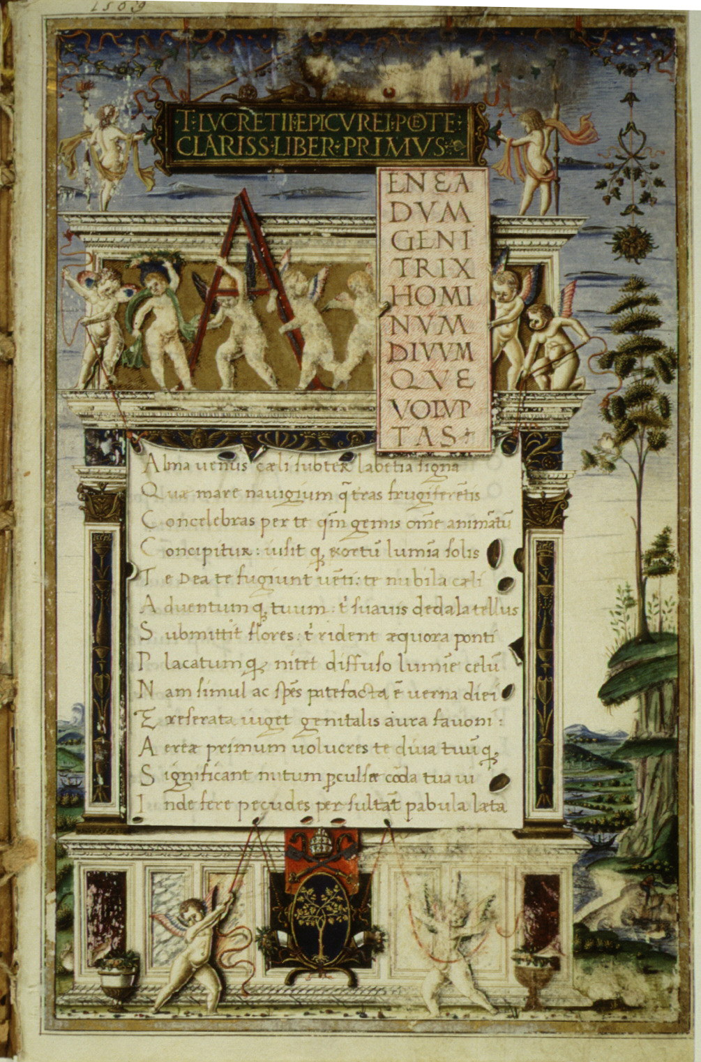 An illuminated 1483 manuscript page of the opening of De Rerum Natura, Book I