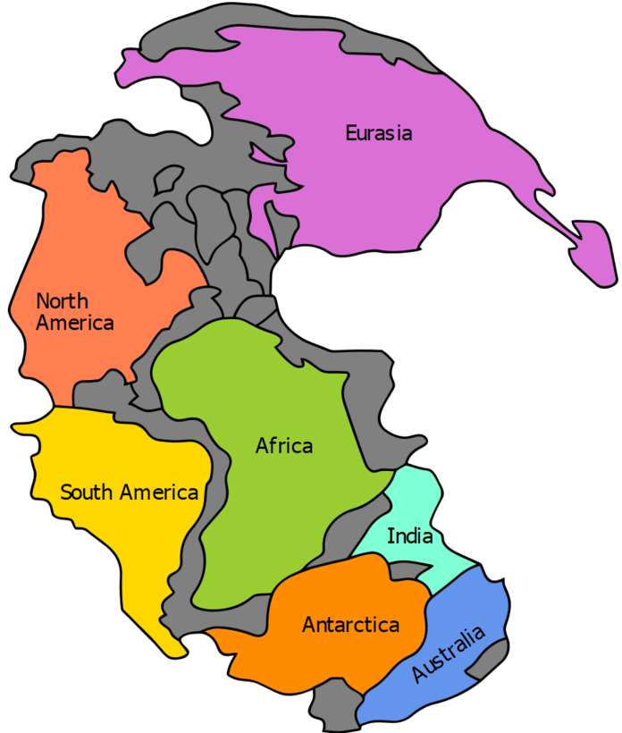 Map of the supercontinent Pangaea with modern continents labelled in their reconstructed pre-drift positions