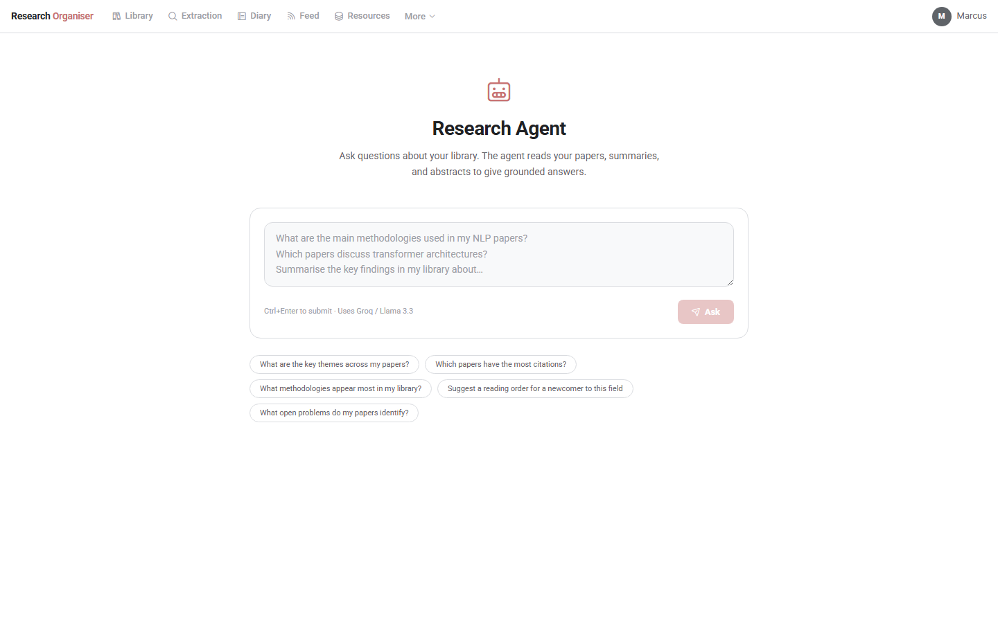 Research Organiser research agent page with a question box and suggested prompts