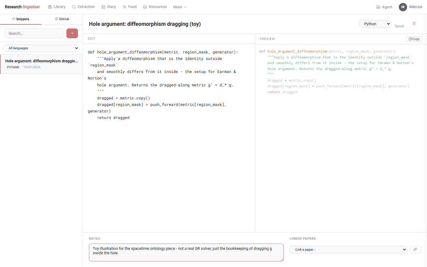Research Organiser code page showing a Python snippet with syntax highlighting in the edit and preview panes