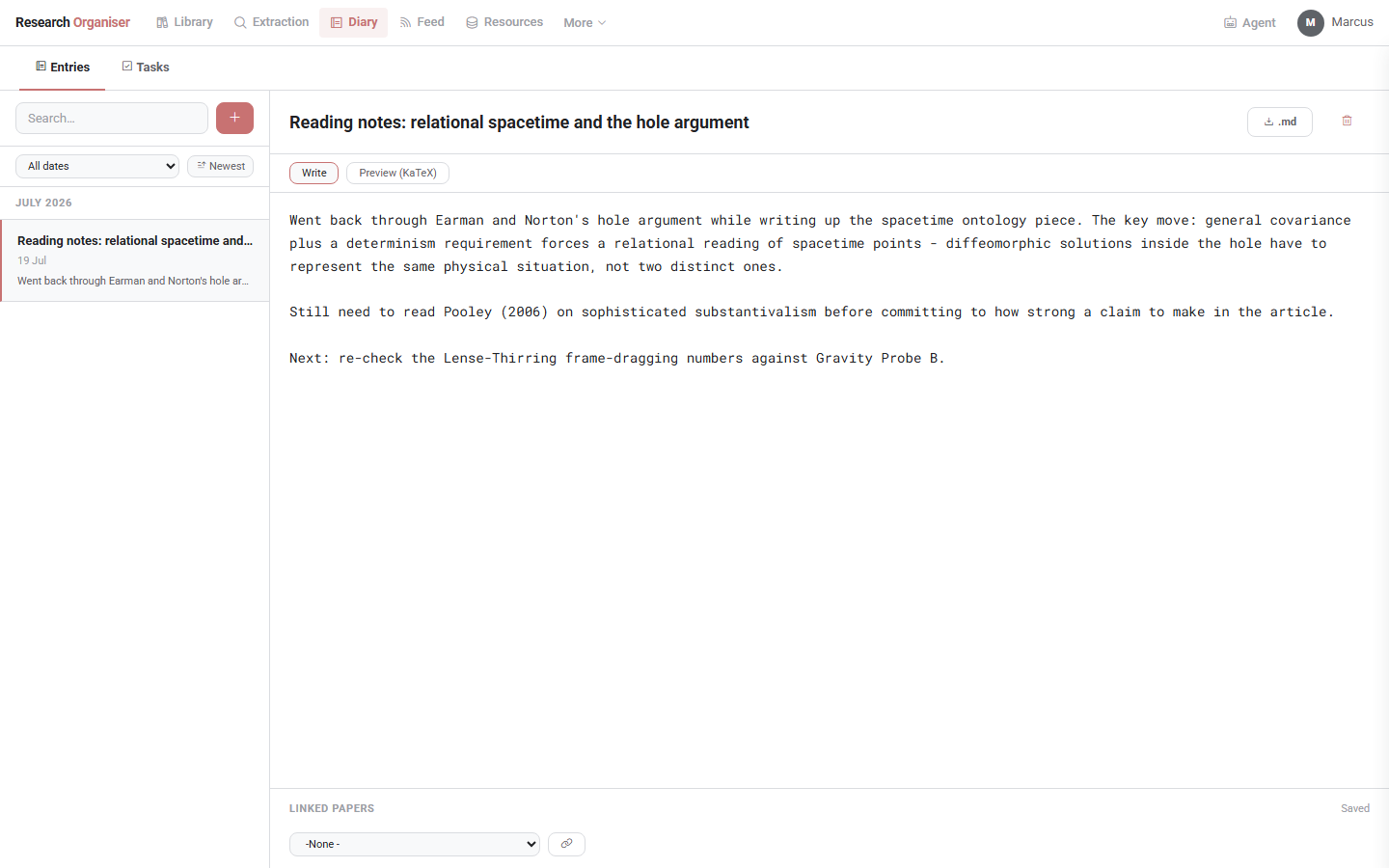 Research Organiser diary page showing a written entry with linked papers