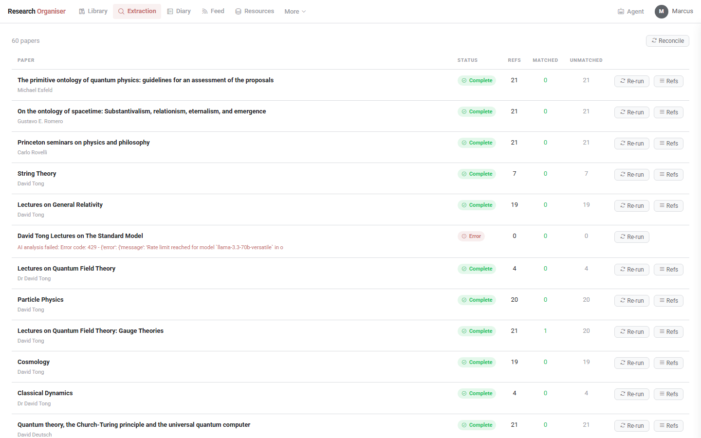Research Organiser extraction page, a table of papers with reference counts, match status, and re-run controls