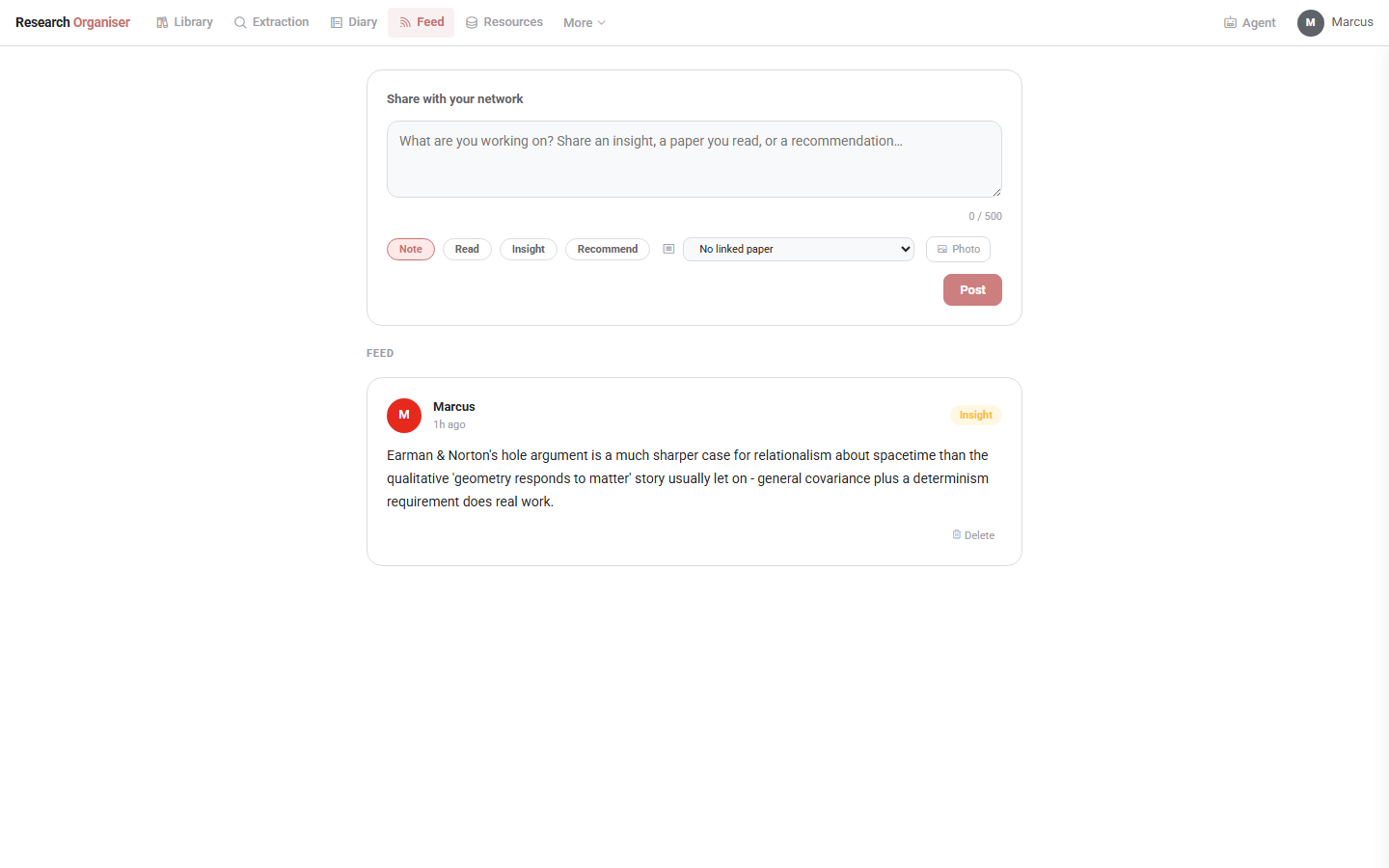 Research Organiser feed page showing a posted Insight update
