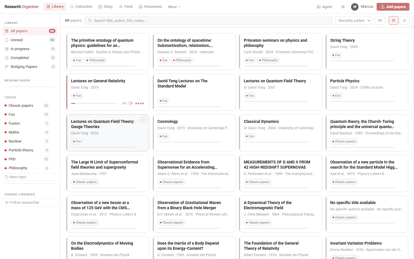 Research Organiser library view showing a grid of sixty papers organised by topic