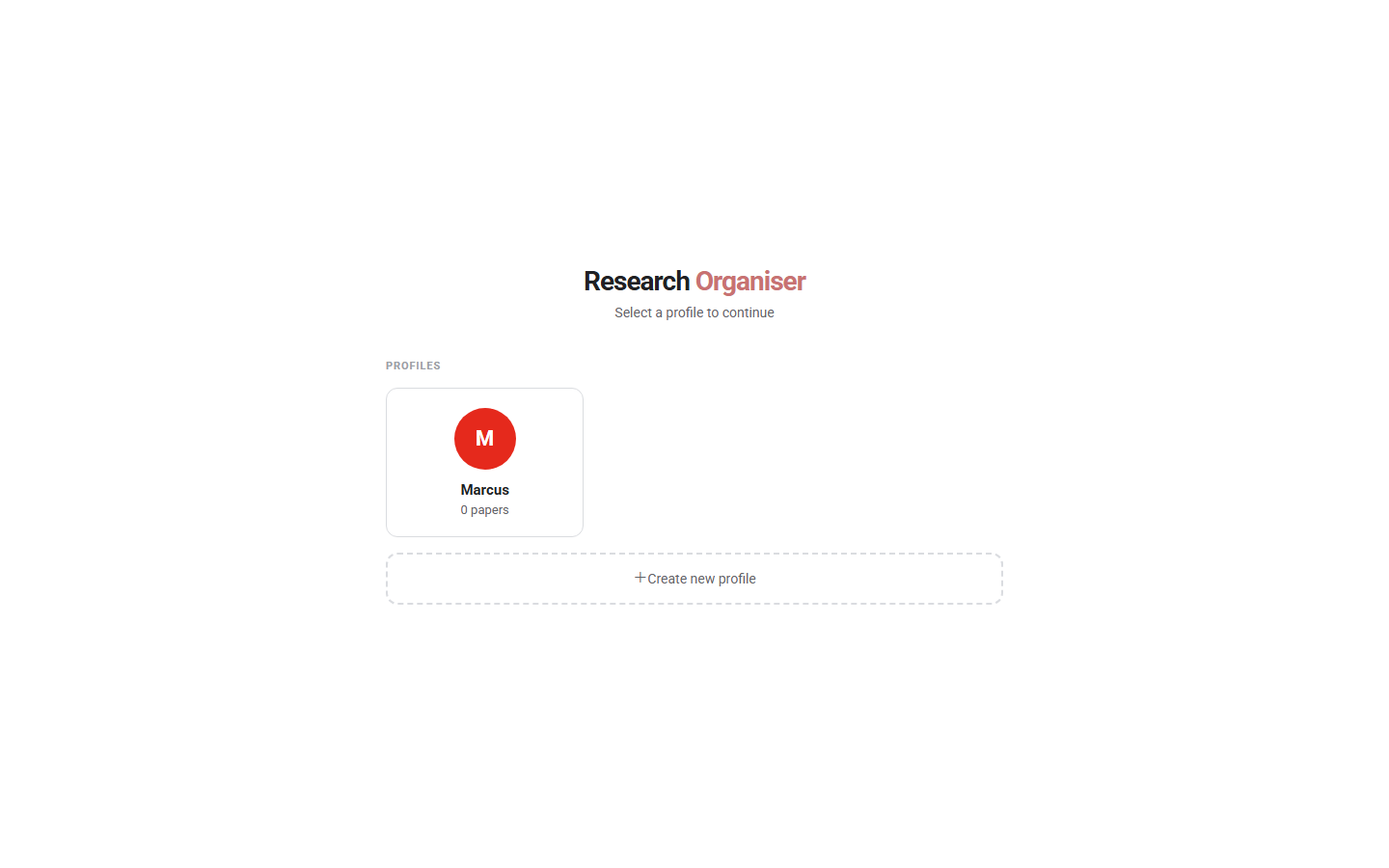 Research Organiser profile picker screen, showing the Marcus profile