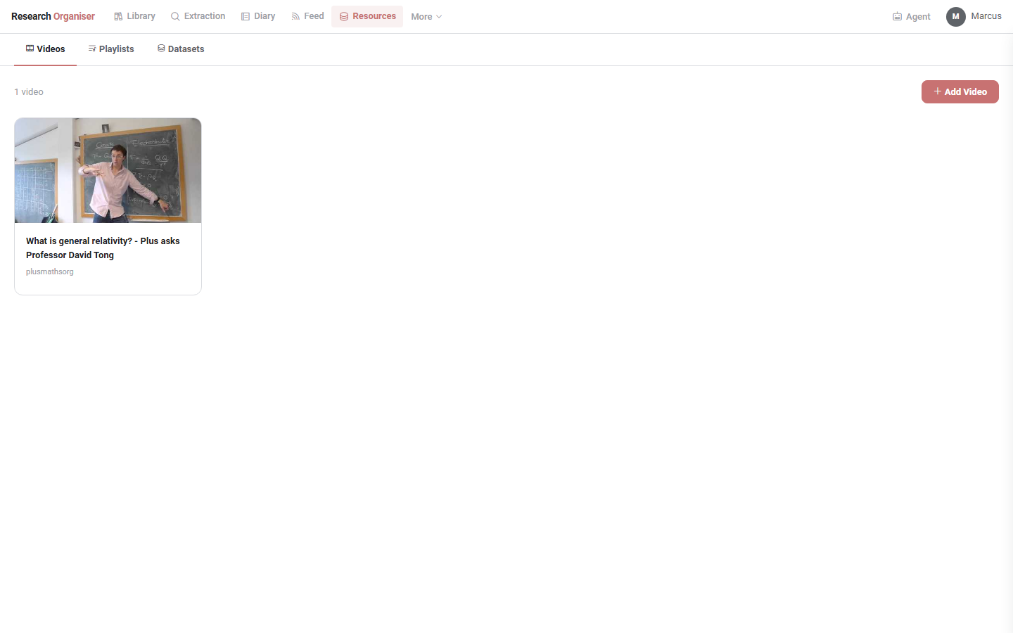 Research Organiser resources page, Videos tab, showing one saved video with auto-fetched thumbnail and title