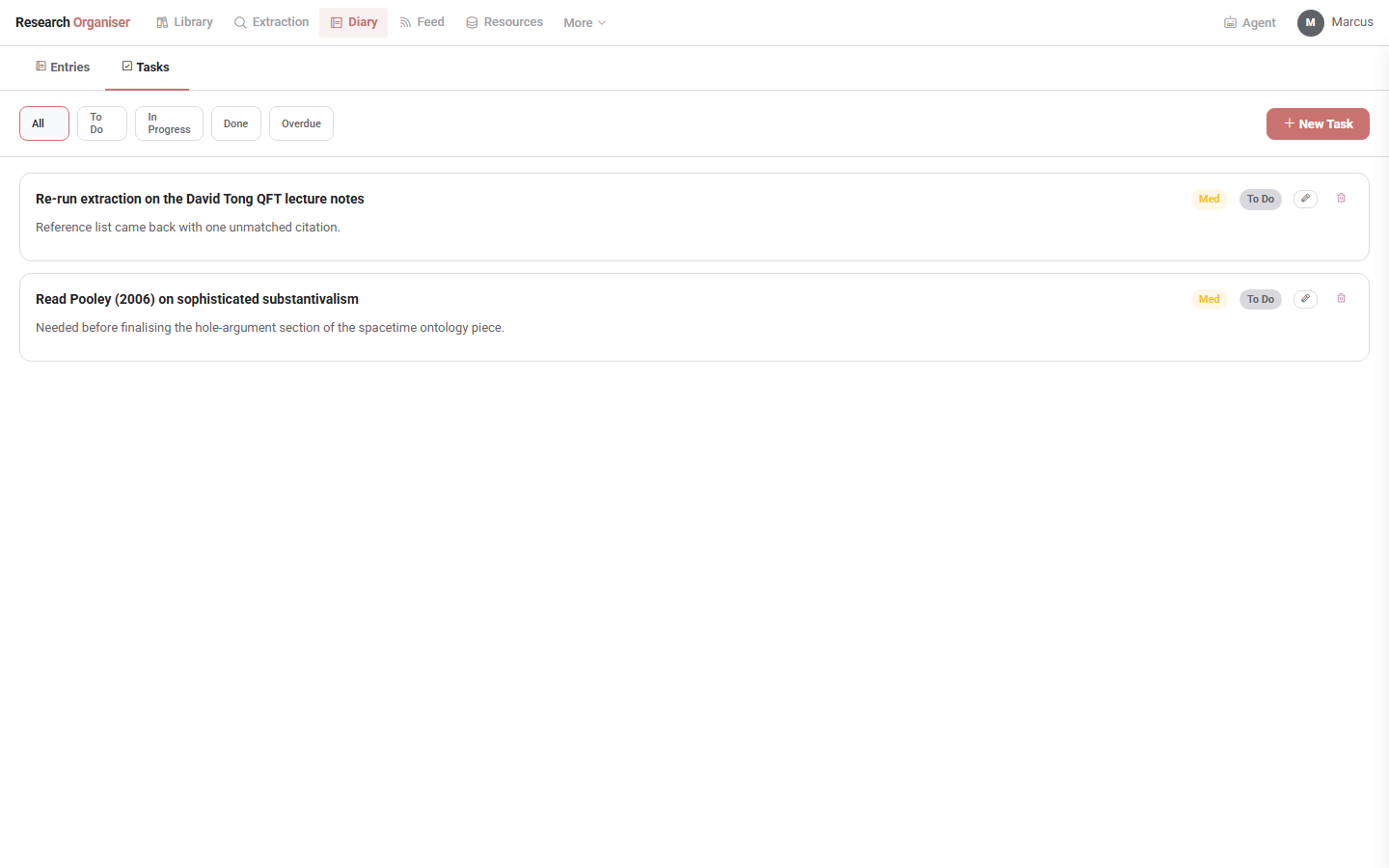 Research Organiser tasks tab showing two to-do items with priority and status badges