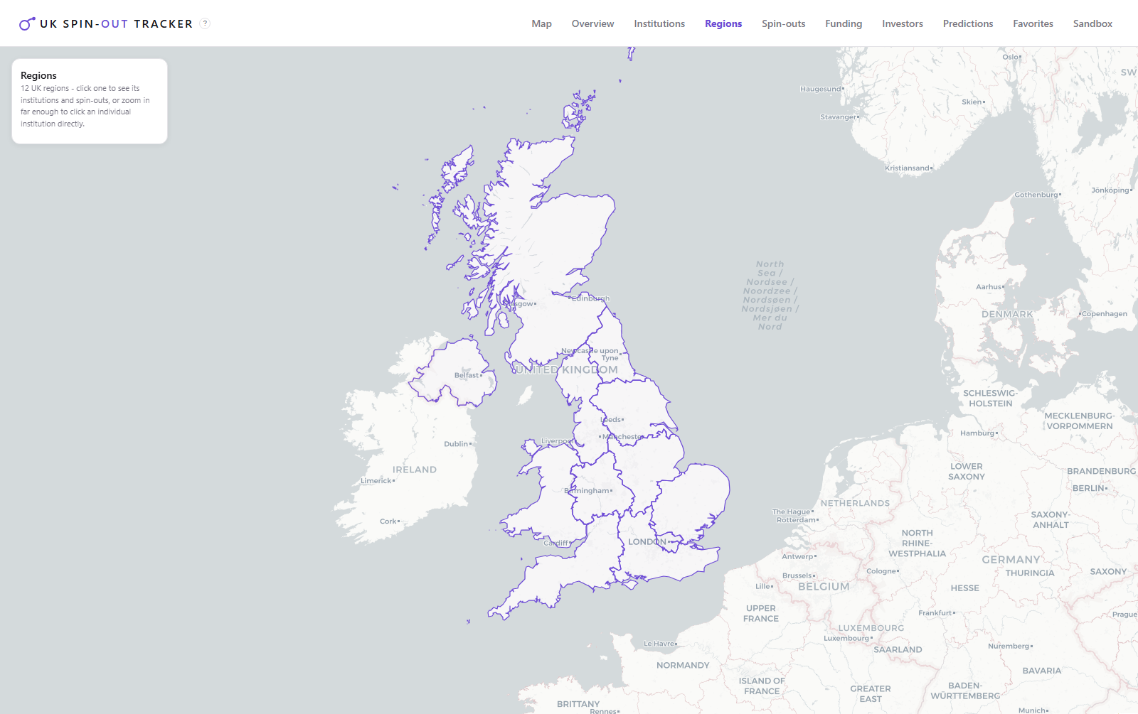 The Regions tab: the same UK map as the national overview, but click-through by region to drill into that region's institutions and spin-outs