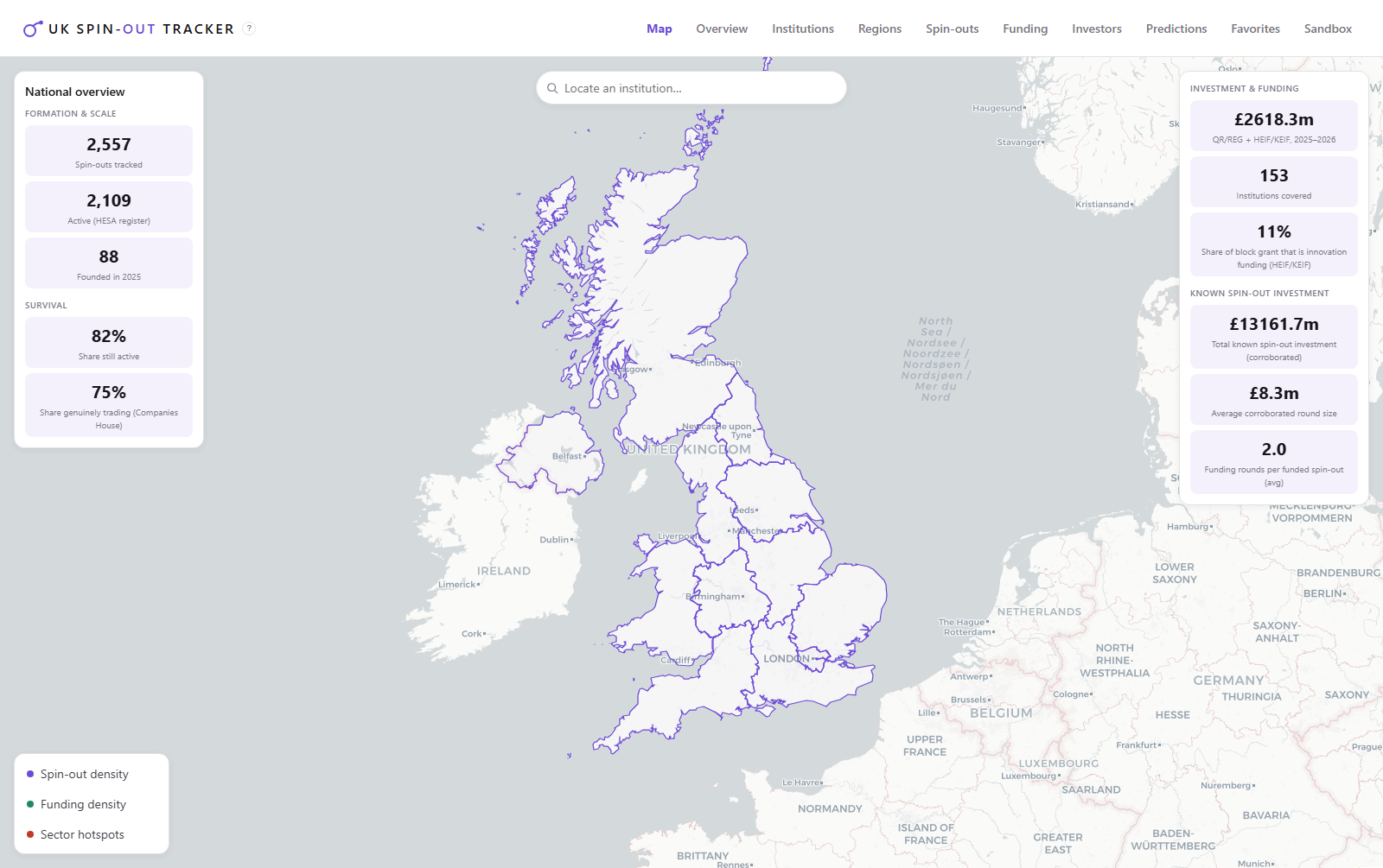 The Map tab, and the dashboard's actual landing page: spin-out density plotted across UK regions, with a National overview panel (2,557 spin-outs tracked, 2,109 active, 88 founded in 2025, 82% survival) and an Investment & Funding panel (£2,618.3m combined QR/REG and HEIF/KEIF funding, 153 institutions covered, £13,161.7m total known spin-out investment)