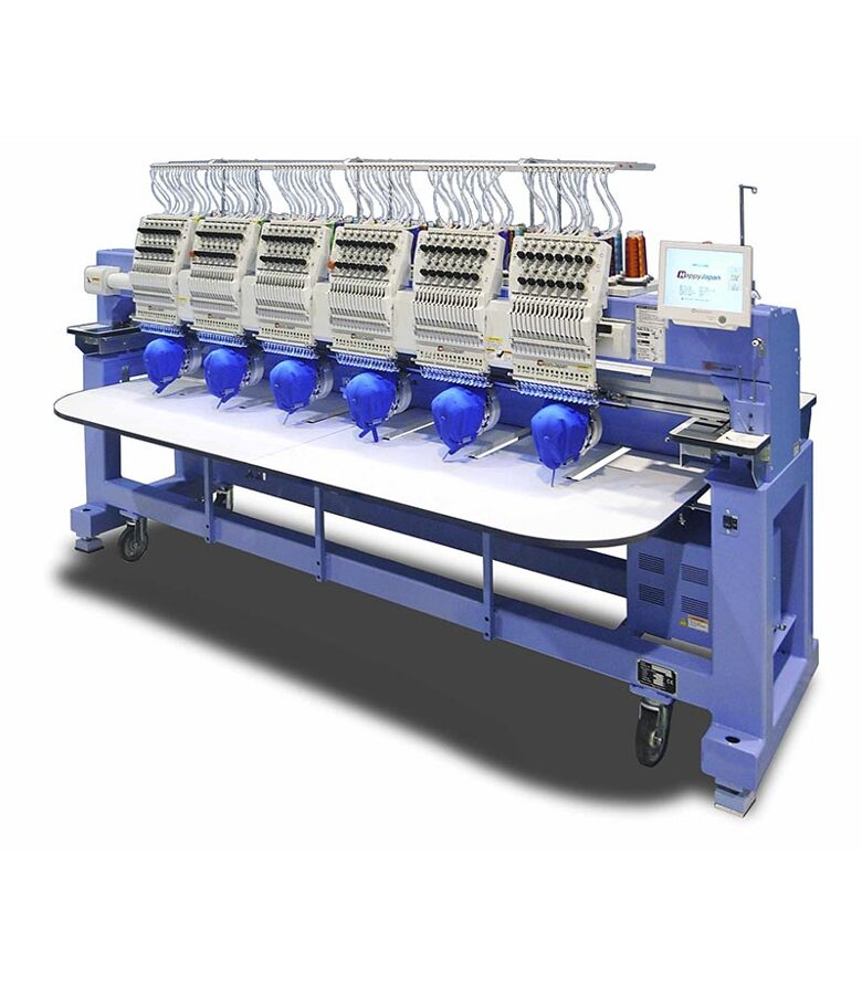 The HCR3, a six-head commercial embroidery machine on casters, with thread spools, needle heads, and an integrated touchscreen control panel