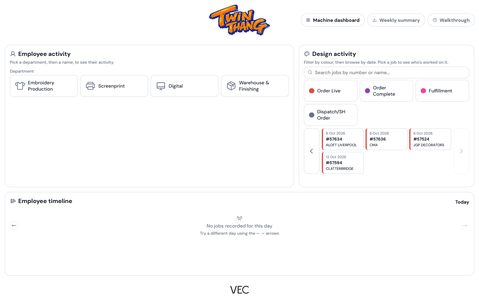 The Job History view: an Employee activity panel with department buttons (Embroidery Production, Screenprint, Digital, Warehouse and Finishing), a Design activity panel with job search, calendar-category filters and job cards, and an Employee timeline for the selected day