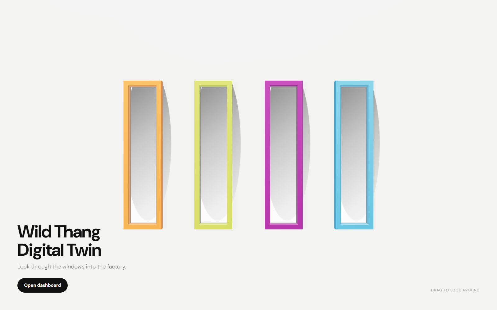 The Wild Thang Digital Twin landing page: four coloured window frames on a light background, with the title Wild Thang Digital Twin, the line Look through the windows into the factory, and an Open dashboard button