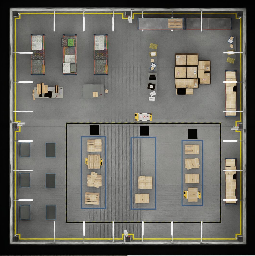 A top-down render of the open-source warehouse dataset's floor: shelving, pallets, workstations, and marked floor zones, used as the shared floor plane for tracking
