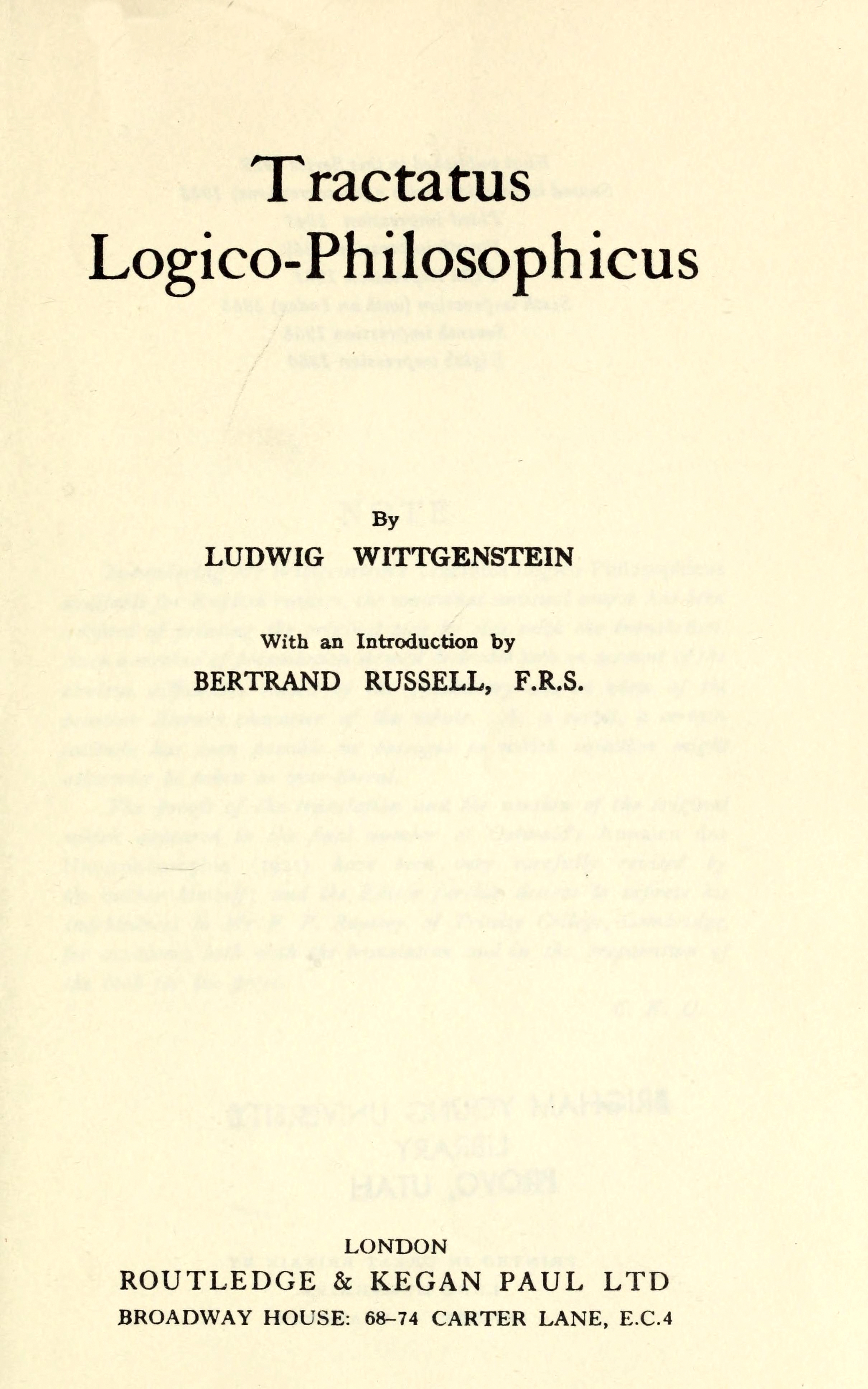 Title page of the 1922 English edition of the Tractatus Logico-Philosophicus, crediting Ludwig Wittgenstein as author with an introduction by Bertrand Russell, published by Routledge and Kegan Paul